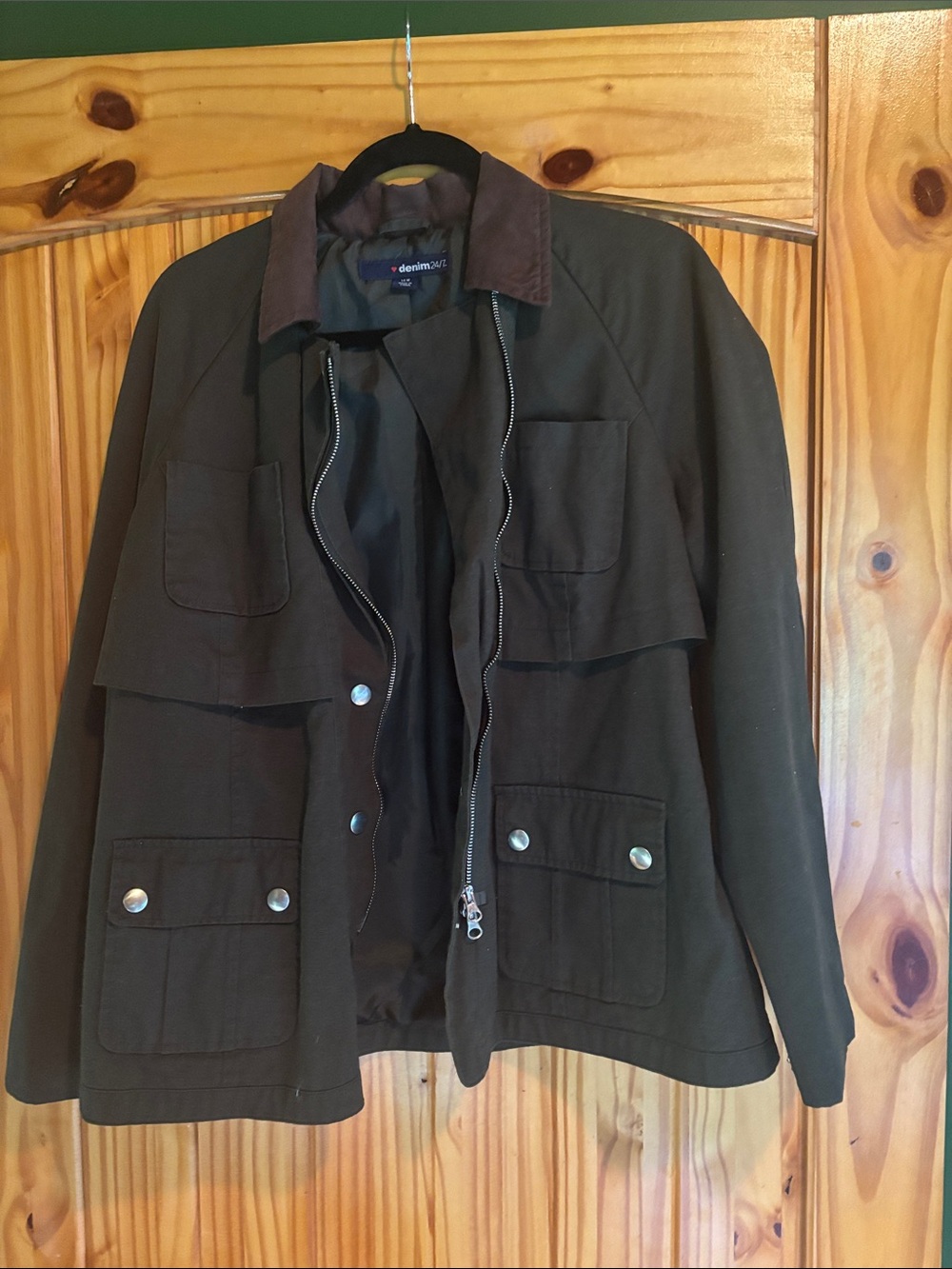 Denim 24/7 Olive Utility Jacket with Brown Contrast Collar